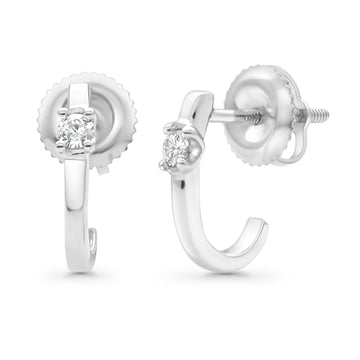 Solid 10K White Gold 11.4mm J Shaped Round Hoop Diamond Stud Earring Wholesale